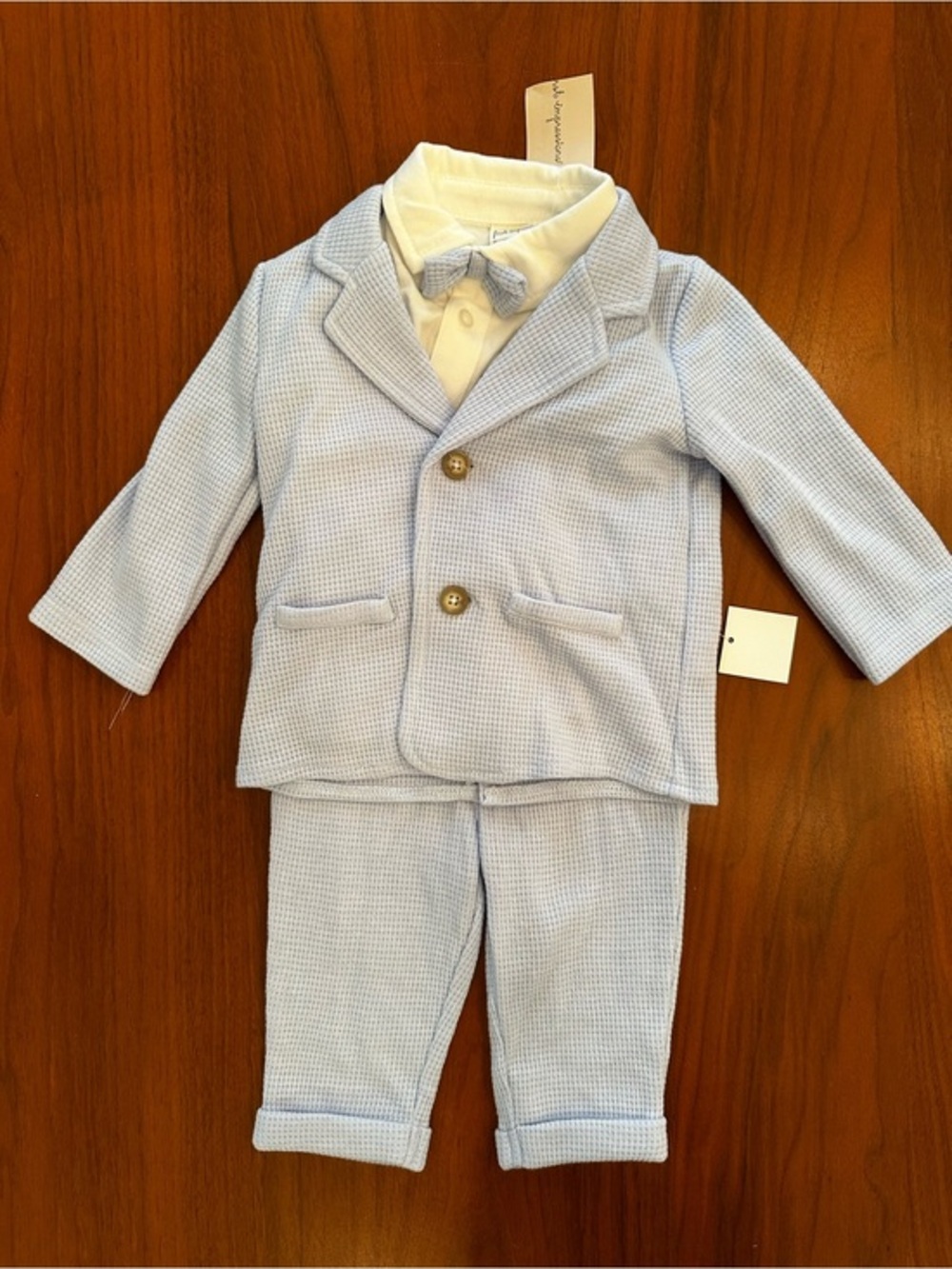 NWT First Impressions Baby Boy Light Blue Waffle Knit Suit with Bow Tie